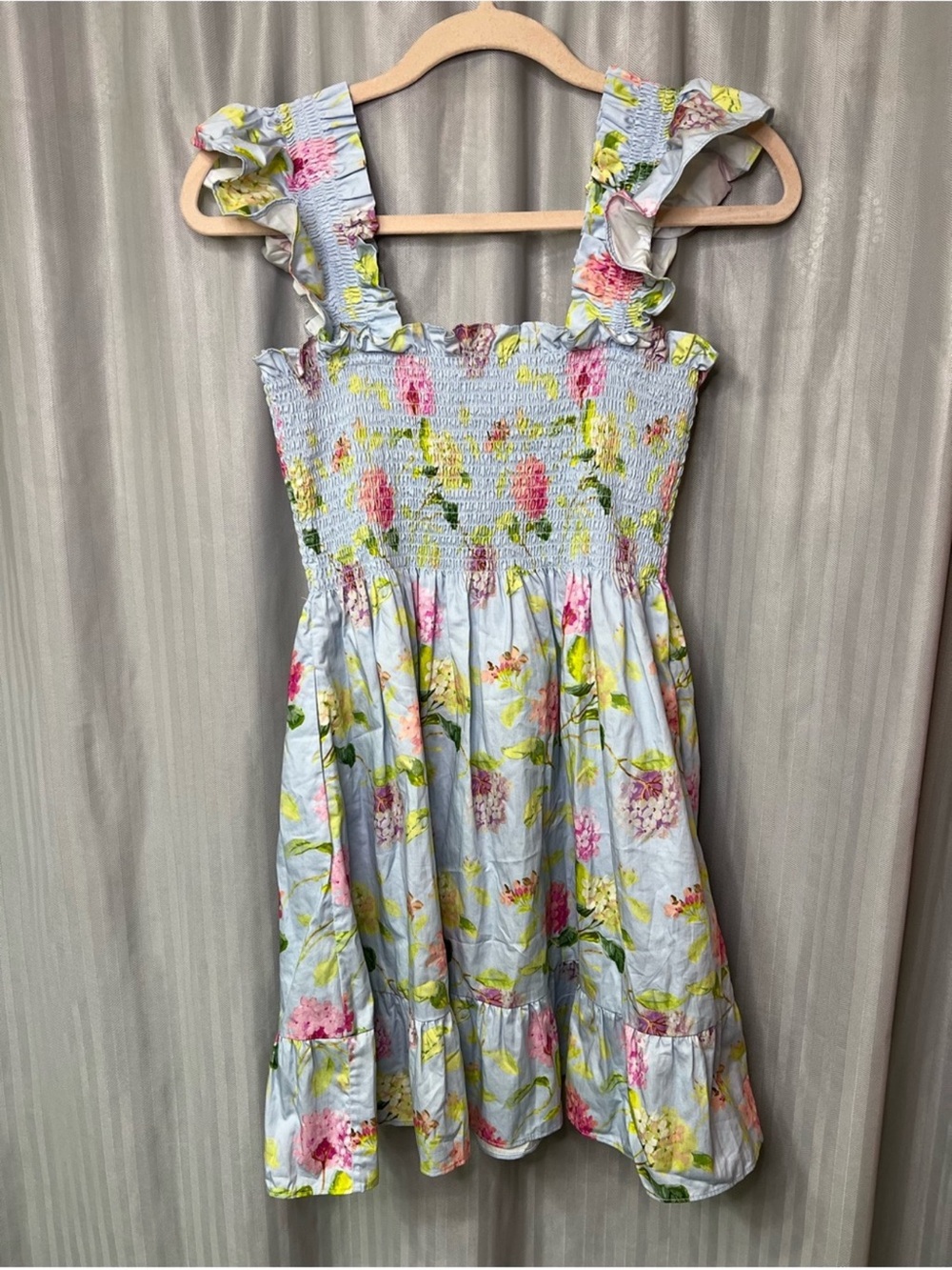 Hill House 100% Cotton Mini Nap Dress Floral Smocked Ruffle size Small